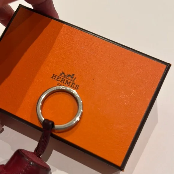 Hermes Pre Own Carmen Silver Key Ring Leather Burgundy Tassel with Box